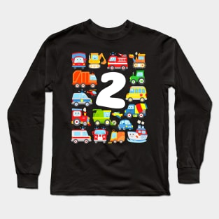 Kids 2nd Birthday Boy 2 Years Cars Vehicles Boat Plane Police Firefighter Long Sleeve T-Shirt